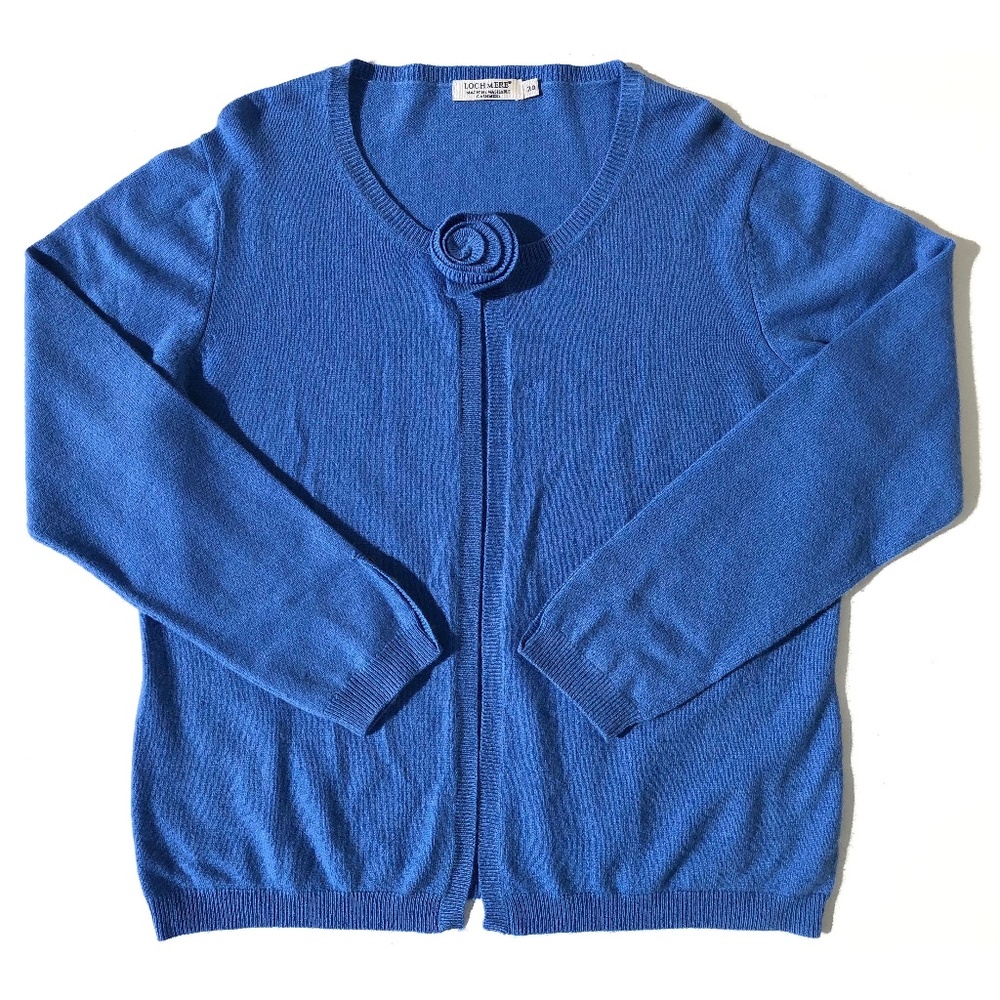 Lochmere cashmere cardigan sweater size UK20 XL/16 blue rosette flower FLAWS